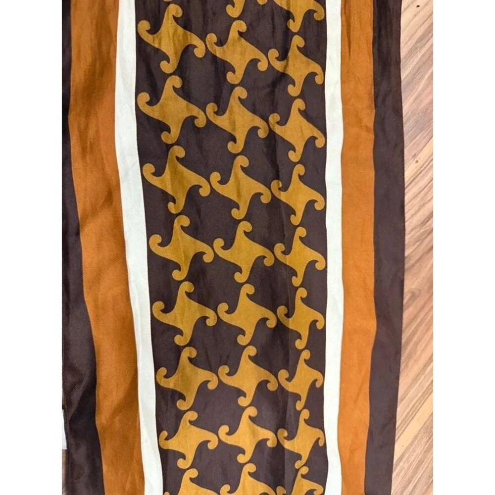 Vintage 70s 90s Y2K Mod Geometric Oblong Silk Feel Scarf Brown Mustard Yellow